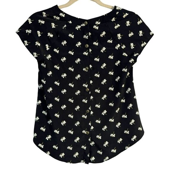 Lush Black Daisy Floral Button-Back Blouse Silky Poly Short Cap Raglan Sleeve XS - Picture 3 of 6